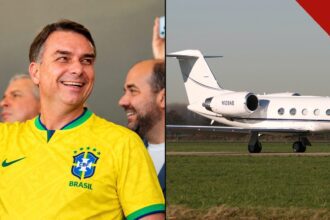 Avião de Flávio Bolsonaro pousa em Miami: o senador em foto de arquivo ao lado de um jato executivo Gulfstream G400 em pista