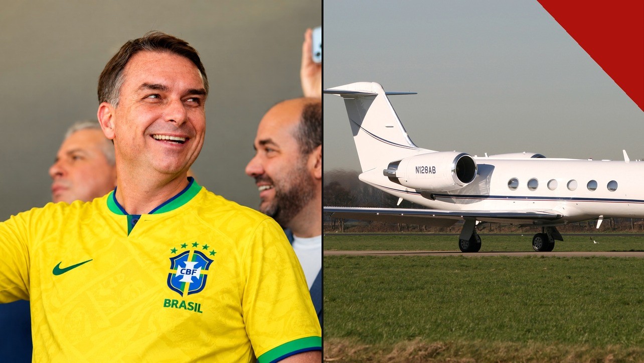 Avião de Flávio Bolsonaro pousa em Miami: o senador em foto de arquivo ao lado de um jato executivo Gulfstream G400 em pista
