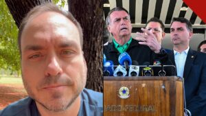 Carlos Bolsonaro visita Jair Bolsonaro: o senador eleito em frame do vídeo do relato e o ex-presidente Jair Bolsonaro em coletiva no Senado Federal
