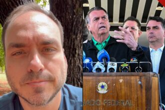 Carlos Bolsonaro visita Jair Bolsonaro: o senador eleito em frame do vídeo do relato e o ex-presidente Jair Bolsonaro em coletiva no Senado Federal