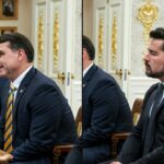 Flávio Bolsonaro e Paulo Figueiredo em reunião no Salão Oval antes do anúncio da coletiva de Flávio Bolsonaro em Miami