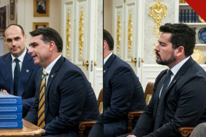 Flávio Bolsonaro e Paulo Figueiredo em reunião no Salão Oval antes do anúncio da coletiva de Flávio Bolsonaro em Miami
