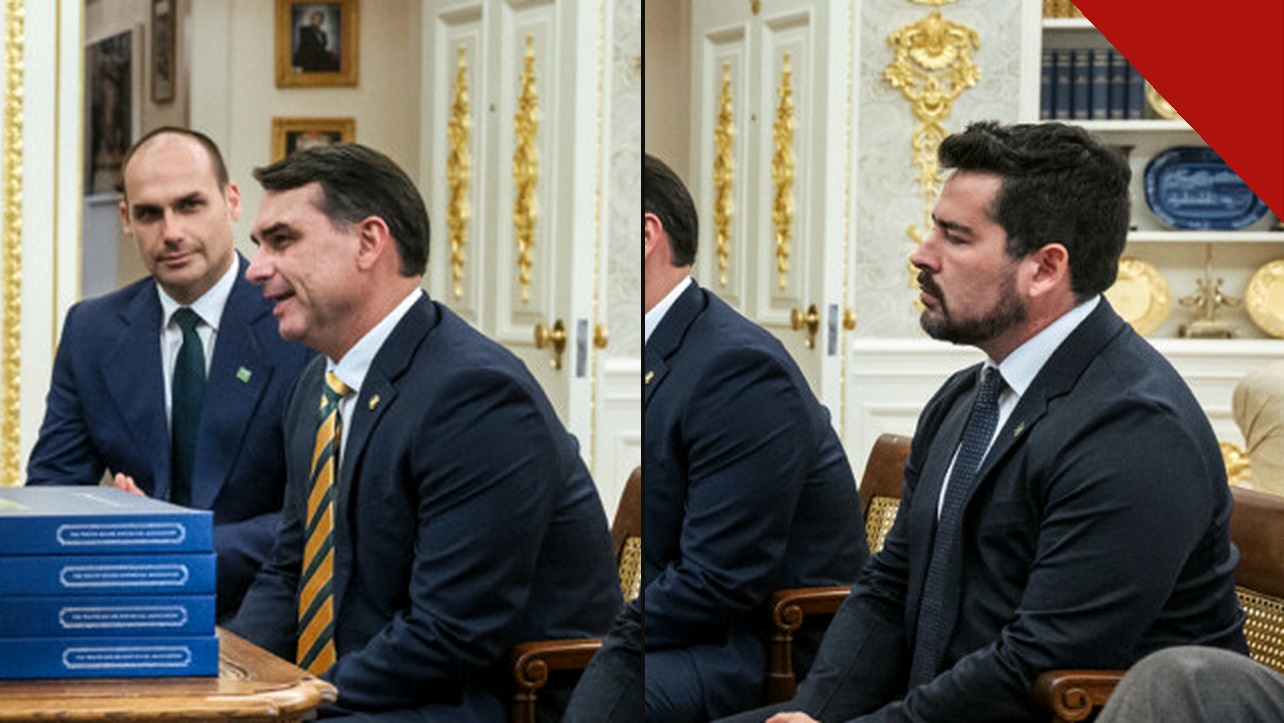 Flávio Bolsonaro e Paulo Figueiredo em reunião no Salão Oval antes do anúncio da coletiva de Flávio Bolsonaro em Miami