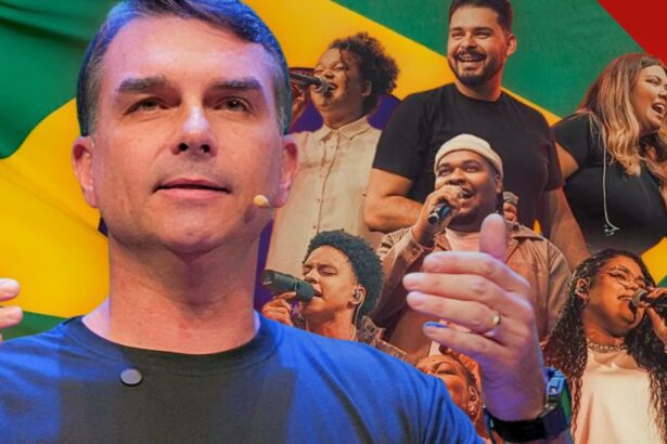 Montagem com Flávio Bolsonaro, de camiseta azul, à esquerda e integrantes da banda Get Worship cantando ao microfone à direita, sobre fundo com a bandeira do Brasil