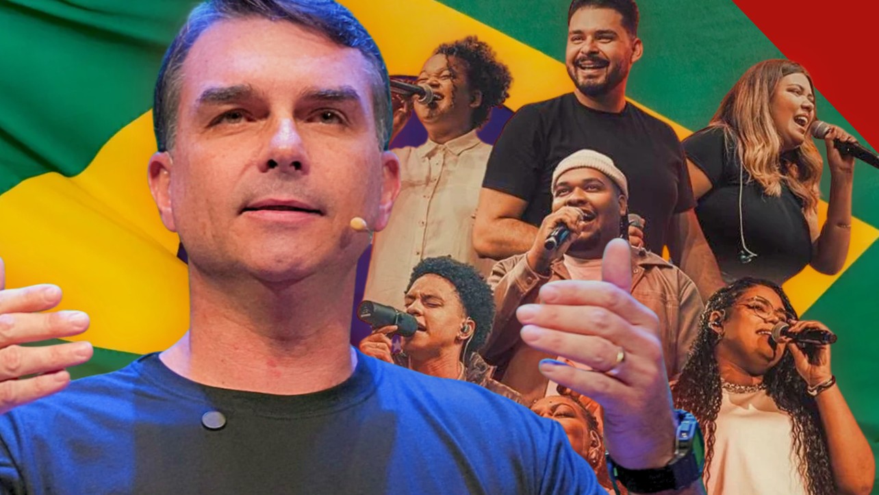 Montagem com Flávio Bolsonaro, de camiseta azul, à esquerda e integrantes da banda Get Worship cantando ao microfone à direita, sobre fundo com a bandeira do Brasil