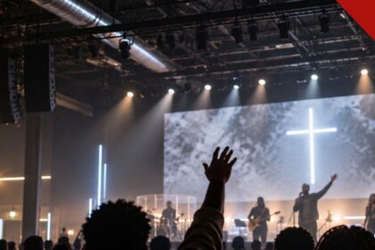 Fiéis de igrejas negras dos Estados Unidos em culto com banda de worship, telão de LED e cruz iluminada ao fundo