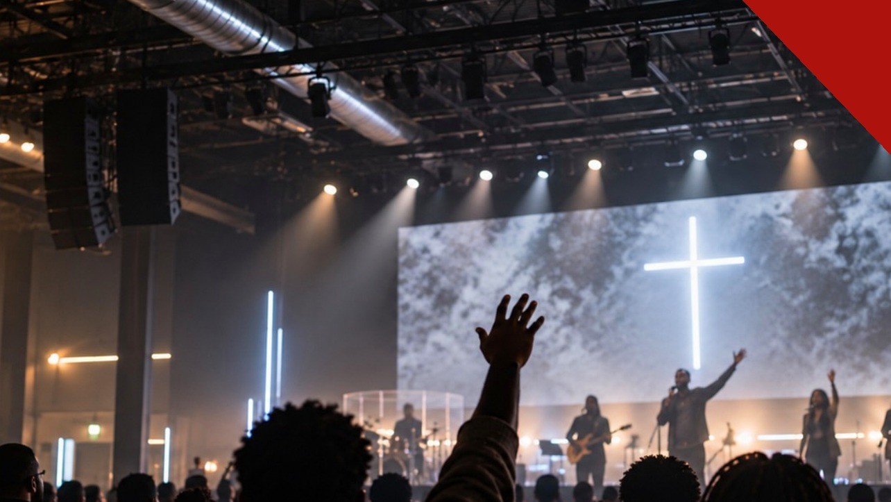 Fiéis de igrejas negras dos Estados Unidos em culto com banda de worship, telão de LED e cruz iluminada ao fundo