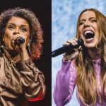 Nívea Soares, de blusa marrom, e Julliany Souza, de roxo, cantam ao microfone em fotos de palco lado a lado.