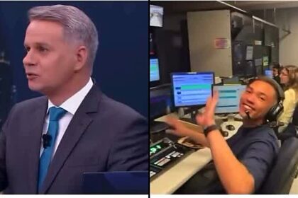 Leandro Magalhães valoriza equipe: apresentador na bancada do News Noite e o diretor Nicko Soares na sala de controle do SBT News