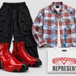 Peças do look de mais de 15 mil reais: botas vermelhas Christian Louboutin, camisa de flanela xadrez, camiseta branca Represent e calça cargo preta