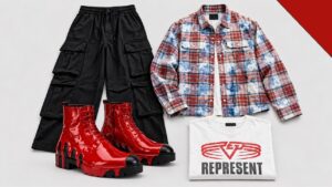 Peças do look de mais de 15 mil reais: botas vermelhas Christian Louboutin, camisa de flanela xadrez, camiseta branca Represent e calça cargo preta
