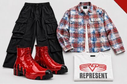 Peças do look de mais de 15 mil reais: botas vermelhas Christian Louboutin, camisa de flanela xadrez, camiseta branca Represent e calça cargo preta