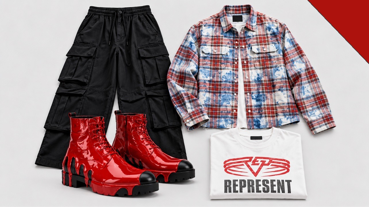 Peças do look de mais de 15 mil reais: botas vermelhas Christian Louboutin, camisa de flanela xadrez, camiseta branca Represent e calça cargo preta