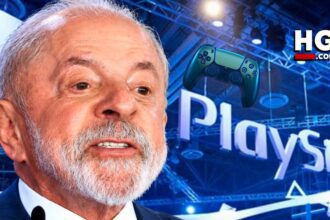 Lula em arte do Hugo Gospel sobre o decreto dos games que rendeu o apelido Meu PlayStation Minha Vida, com controle de PlayStation ao fundo