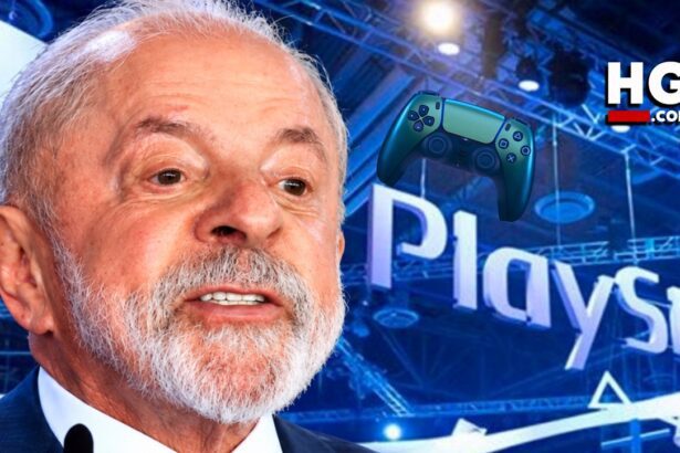 Lula em arte do Hugo Gospel sobre o decreto dos games que rendeu o apelido Meu PlayStation Minha Vida, com controle de PlayStation ao fundo
