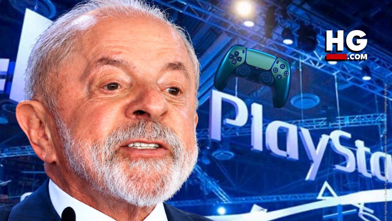Lula em arte do Hugo Gospel sobre o decreto dos games que rendeu o apelido Meu PlayStation Minha Vida, com controle de PlayStation ao fundo