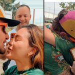 MC Gui e a namorada Gisele prestes a se beijar após o pedido de casamento; ao lado, o cantor segurando a caixinha com as alianças