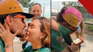 MC Gui e a namorada Gisele prestes a se beijar após o pedido de casamento; ao lado, o cantor segurando a caixinha com as alianças