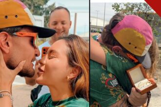 MC Gui e a namorada Gisele prestes a se beijar após o pedido de casamento; ao lado, o cantor segurando a caixinha com as alianças