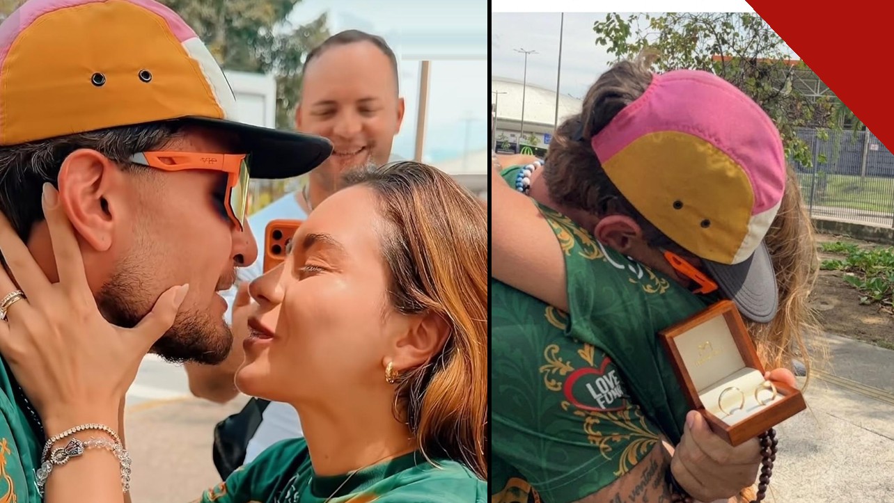 MC Gui e a namorada Gisele prestes a se beijar após o pedido de casamento; ao lado, o cantor segurando a caixinha com as alianças