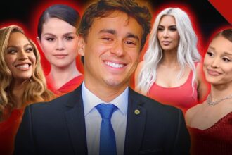 Visualizações de Nikolas Ferreira: montagem do deputado ao centro com Selena Gomez, Beyoncé, Kim Kardashian e Ariana Grande