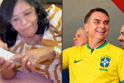 Dona Maria, mãe de Carlinhos Maia, segurando o celular ao lado de Flávio Bolsonaro sorrindo com a camisa da seleção brasileira