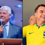 Reverendo Hernandes Dias Lopes pregando ao microfone ao lado de Flávio Bolsonaro sorrindo com a camisa da seleção brasileira