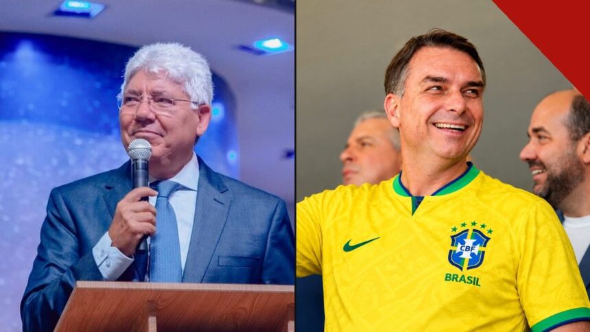 Reverendo Hernandes Dias Lopes pregando ao microfone ao lado de Flávio Bolsonaro sorrindo com a camisa da seleção brasileira