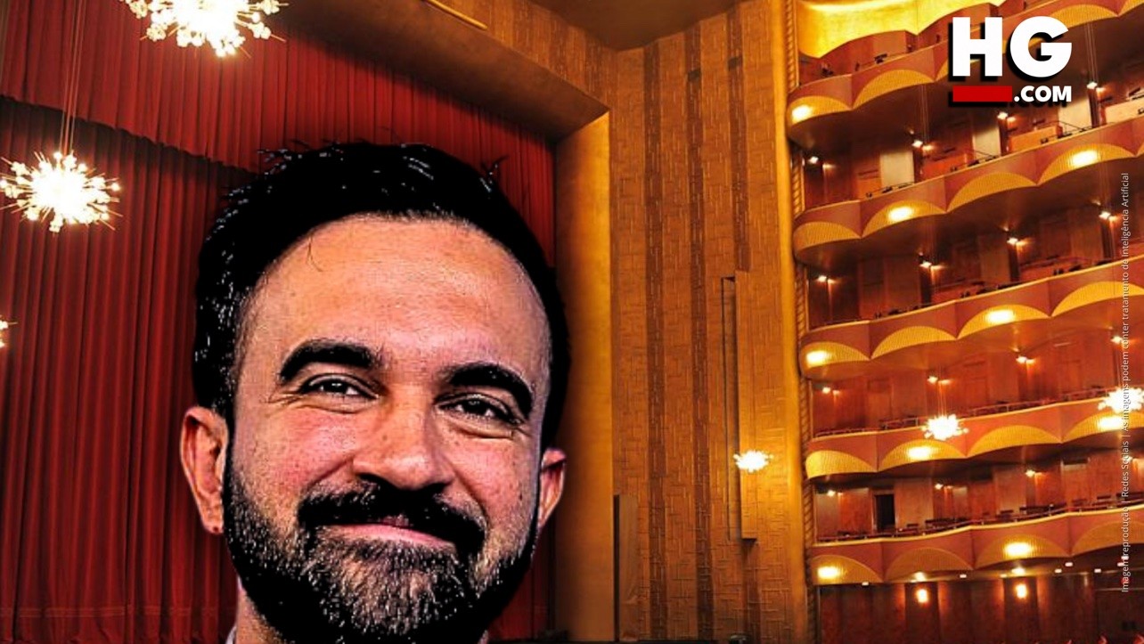 Zohran Mamdani, prefeito de Nova York, em arte do programa Opera for All com o auditório da Metropolitan Opera ao fundo