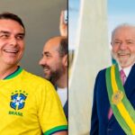 Datafolha mostra Flávio com 47% e Lula com 46%: Flávio Bolsonaro sorrindo com a camisa da seleção brasileira ao lado de Lula, de terno e faixa presidencial, na reta final do segundo turno