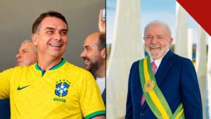 Datafolha mostra Flávio com 47% e Lula com 46%: Flávio Bolsonaro sorrindo com a camisa da seleção brasileira ao lado de Lula, de terno e faixa presidencial, na reta final do segundo turno
