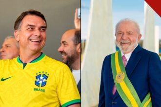 Datafolha mostra Flávio com 47% e Lula com 46%: Flávio Bolsonaro sorrindo com a camisa da seleção brasileira ao lado de Lula, de terno e faixa presidencial, na reta final do segundo turno