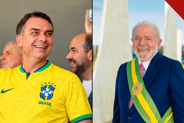 Datafolha mostra Flávio com 47% e Lula com 46%: Flávio Bolsonaro sorrindo com a camisa da seleção brasileira ao lado de Lula, de terno e faixa presidencial, na reta final do segundo turno
