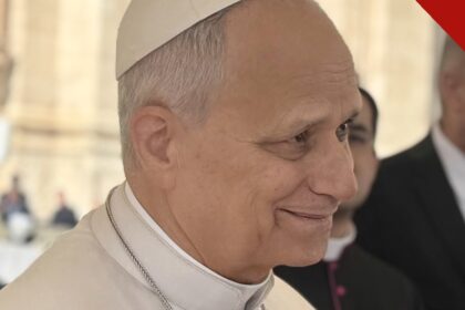 Papa Leão XIV de perfil, com batina branca e solidéu, durante audiência no Vaticano