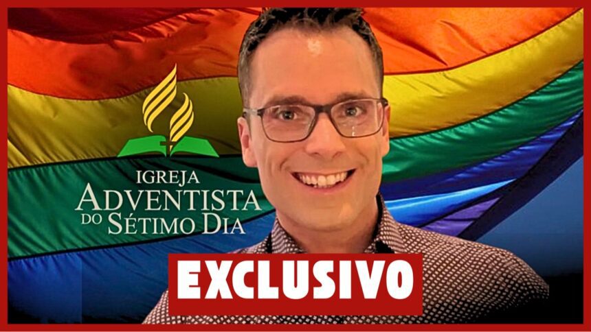 Pastor diante da bandeira LGBT com o logo da Igreja Adventista do Sétimo Dia, capa exclusiva do Hugo Gospel