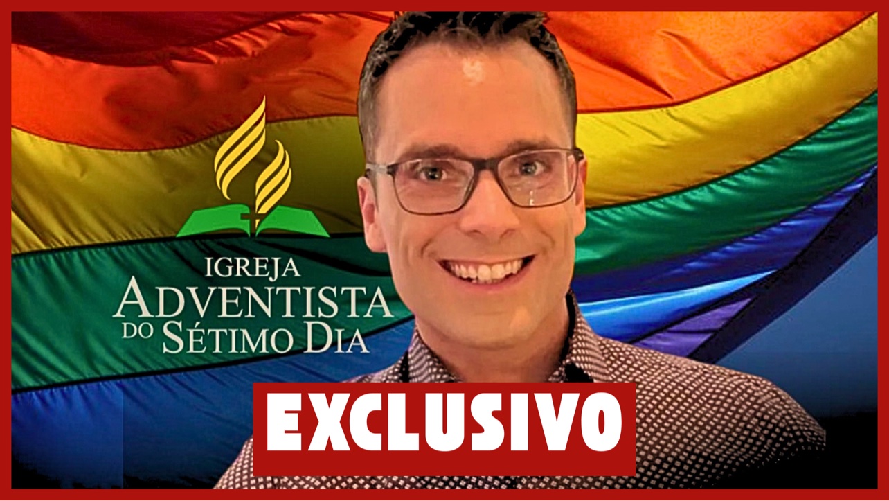 Pastor diante da bandeira LGBT com o logo da Igreja Adventista do Sétimo Dia, capa exclusiva do Hugo Gospel