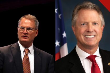 Pastor candidato ao Senado: Adam Hamilton prega na Church of the Resurrection e o senador Roger Marshall em retrato oficial