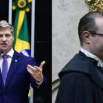Impeachment de Zanin: o deputado Marcel van Hattem na tribuna da Câmara e o ministro Cristiano Zanin, de toga, no STF