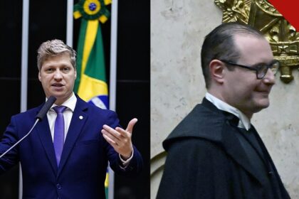 Impeachment de Zanin: o deputado Marcel van Hattem na tribuna da Câmara e o ministro Cristiano Zanin, de toga, no STF