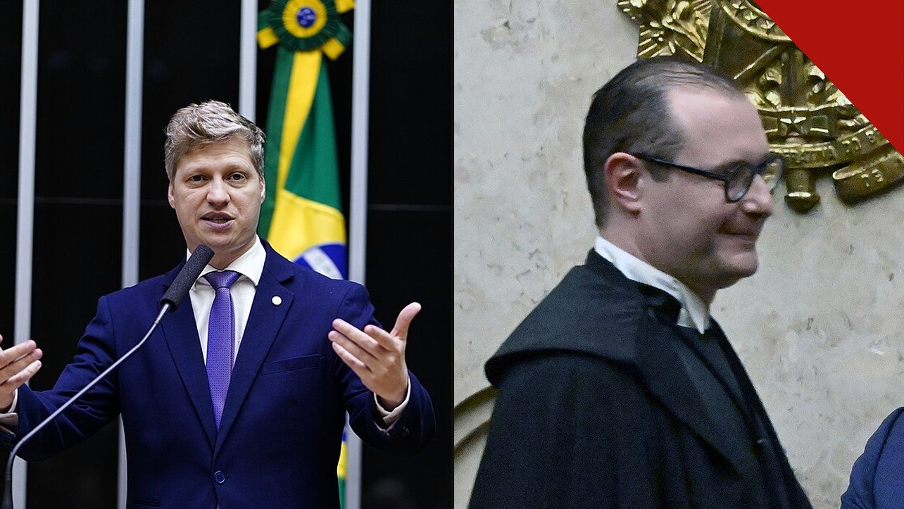 Impeachment de Zanin: o deputado Marcel van Hattem na tribuna da Câmara e o ministro Cristiano Zanin, de toga, no STF