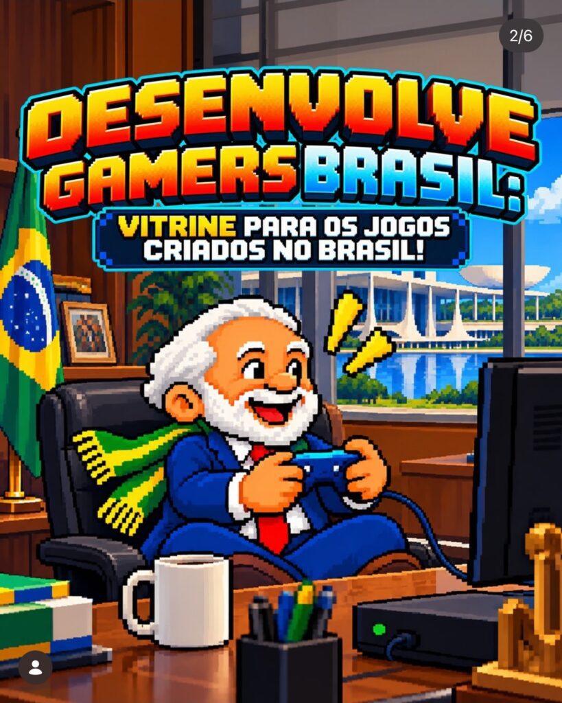 Card oficial do Desenvolve Gamers Brasil, vitrine para os jogos criados no Brasil, com Lula jogando videogame em pixel art
