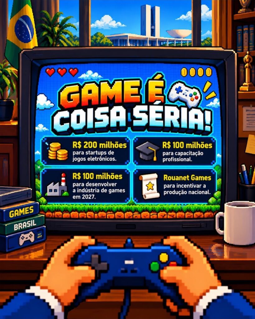 Card oficial Game é Coisa Séria com os investimentos do programa de games: 200 milhões de reais para startups e 100 milhões de reais para capacitação