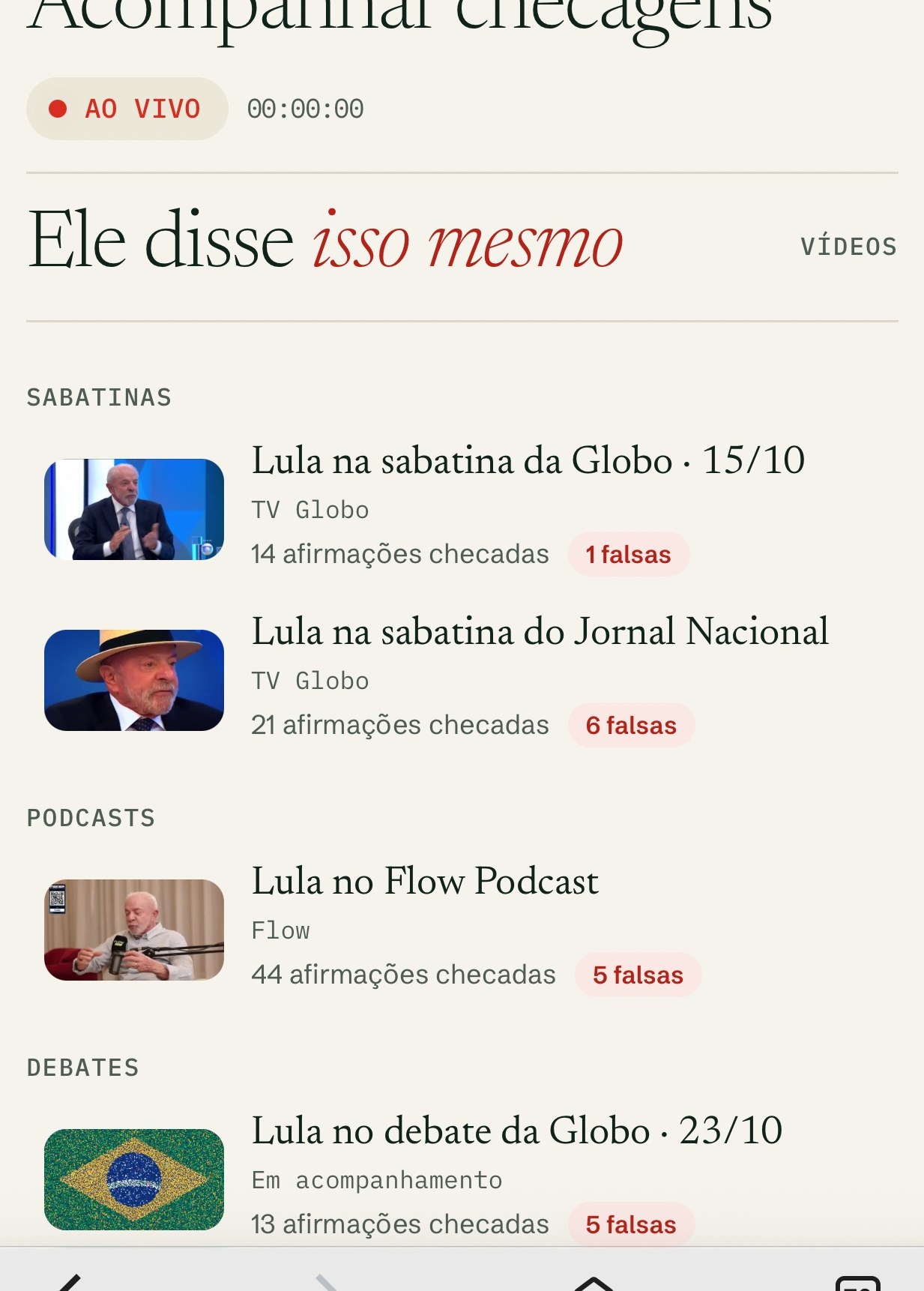 Página do Desmentindo Lula com o acompanhamento ao vivo do debate da Globo de 23 de outubro