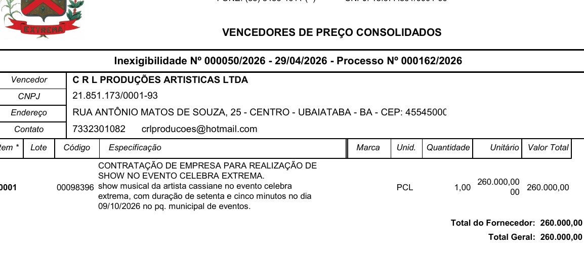Extrato oficial da Inexigibilidade 050/2026 da Prefeitura de Extrema com o valor do show da Cassiane