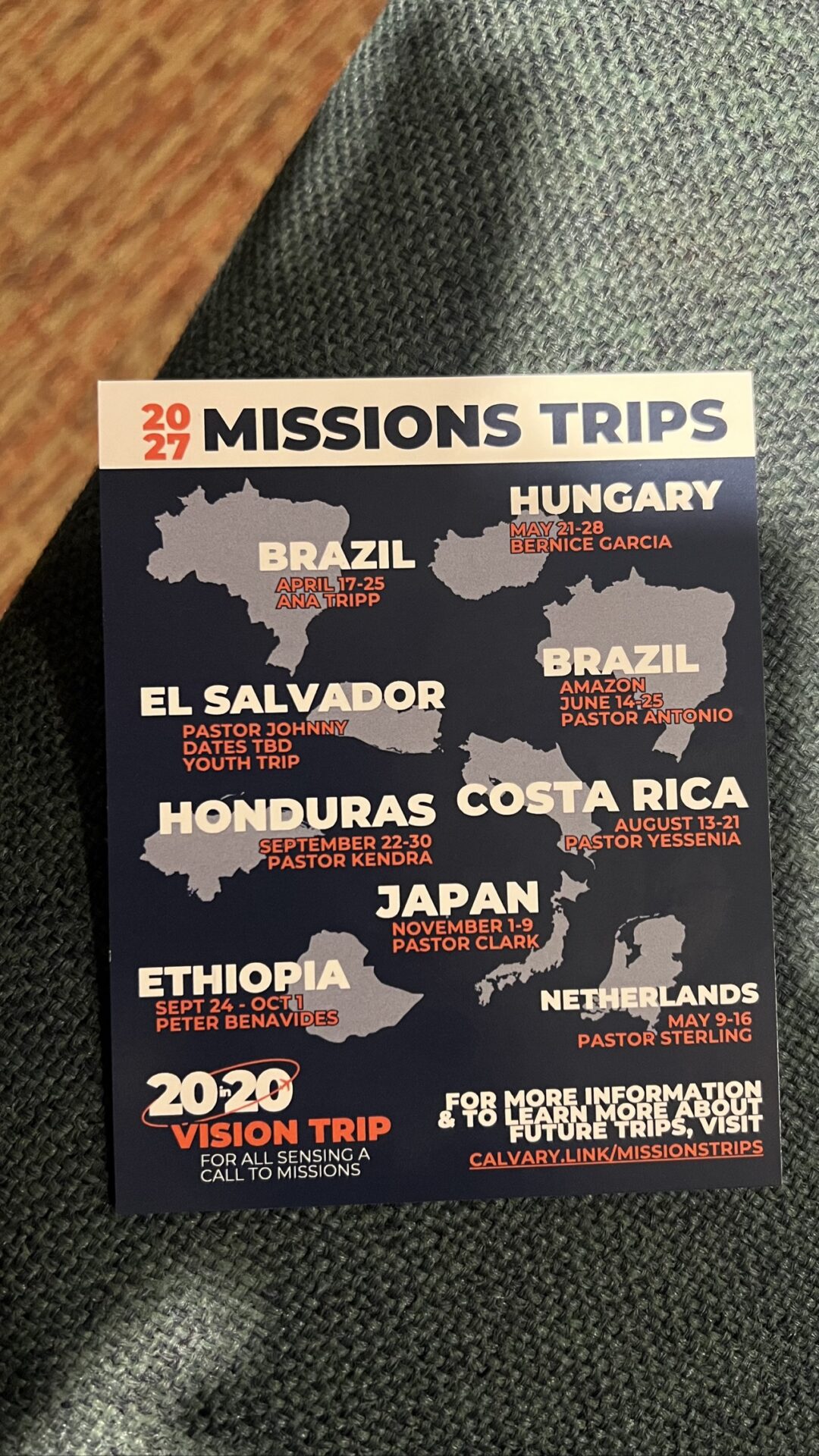 Cartão oficial com as nove viagens missionárias de 2027