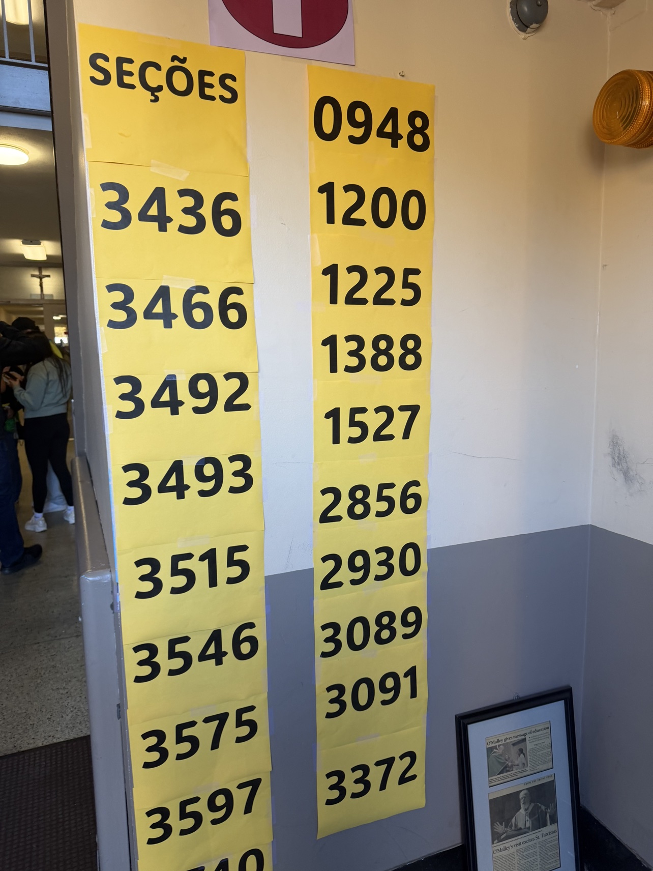 Painel com os números das seções eleitorais da votação em Framingham