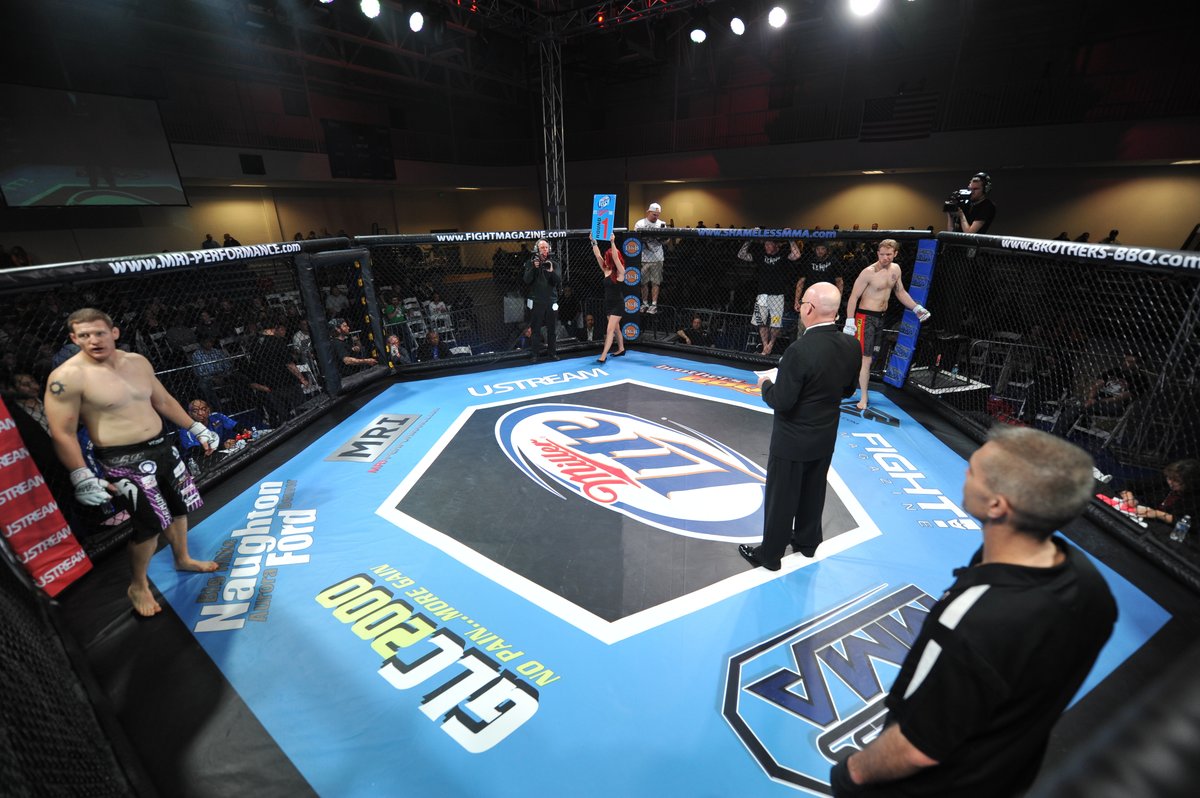 Luta de MMA em evento profissional com dois atletas no cage durante combate