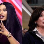 Nicki Minaj ataca Kathy Hochul: montagem com a rapper falando ao microfone e a governadora de Nova York em entrevista à imprensa, em fotos de arquivo