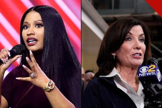 Nicki Minaj ataca Kathy Hochul: montagem com a rapper falando ao microfone e a governadora de Nova York em entrevista à imprensa, em fotos de arquivo