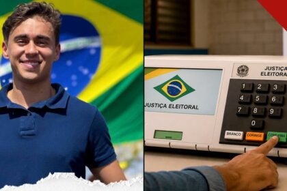 Nikolas Ferreira diante da bandeira do Brasil e urna eletrônica | Reprodução | Instagram @brasilparalelo | Internet